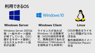 利用できるOS
Windows Server Windows Client
Windows Server 2003以
降（一般サポート提供
が終了している、OSに
関するサポート提供に
はカスタムサポート契
約が必要）
ライセンスがあれば
Windows 10 は稼働可
能（MSDN契約所有者
で、開発目的であれば
Windows 7/Windows 8
を現時点でも利用可）
OSSの場合はライセ
ンスに問題がなけれ
ば自由
動作確認済のイメー
ジはMarket Placeに
存在
 