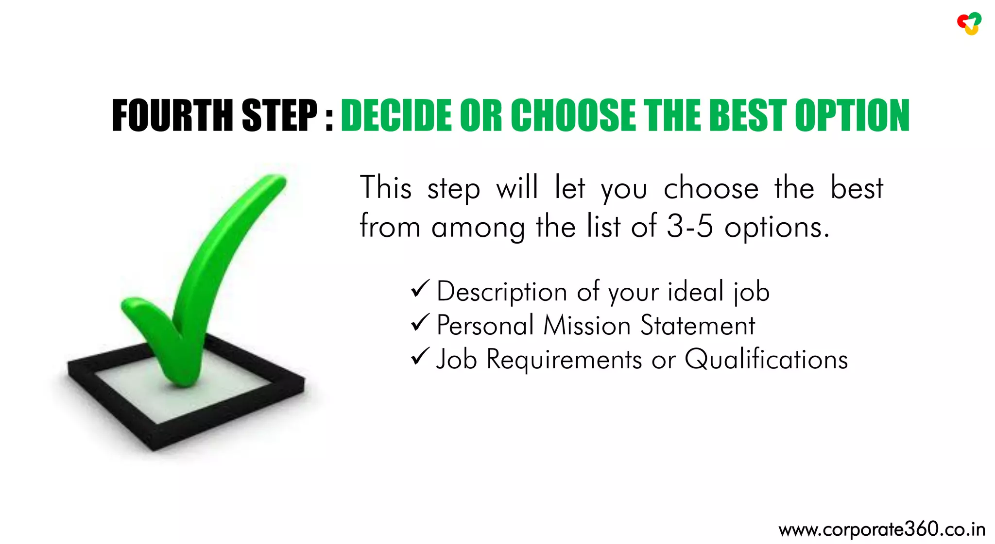 This step will let you choose the best
from among the list of 3-5 options.
 Description of your ideal job
 Personal Mission Statement
 Job Requirements or Qualifications
FOURTH STEP : DECIDE OR CHOOSE THE BEST OPTION
www.corporate360.co.in
 