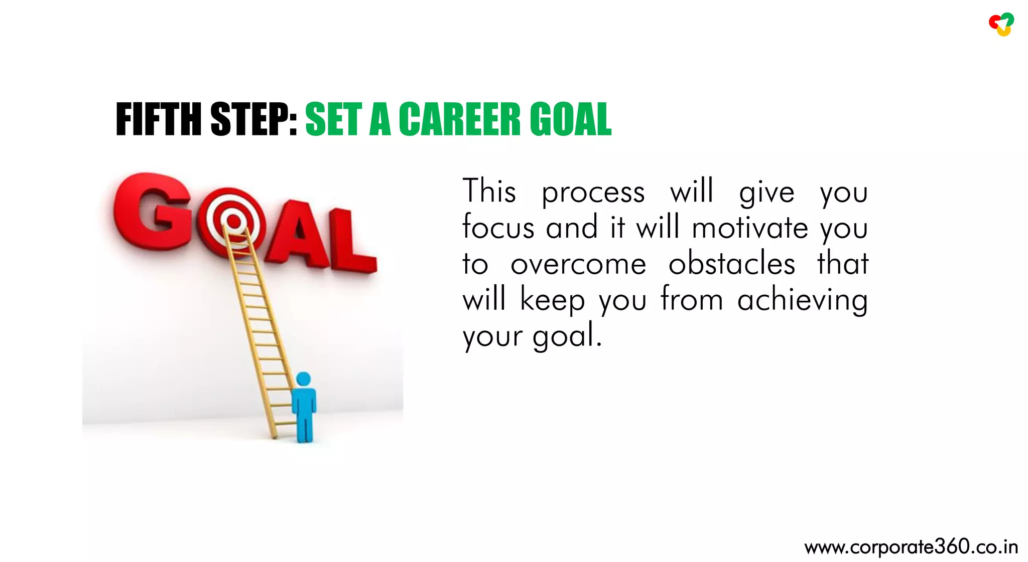 This process will give you
focus and it will motivate you
to overcome obstacles that
will keep you from achieving
your goal.
FIFTH STEP: SET A CAREER GOAL
www.corporate360.co.in
 