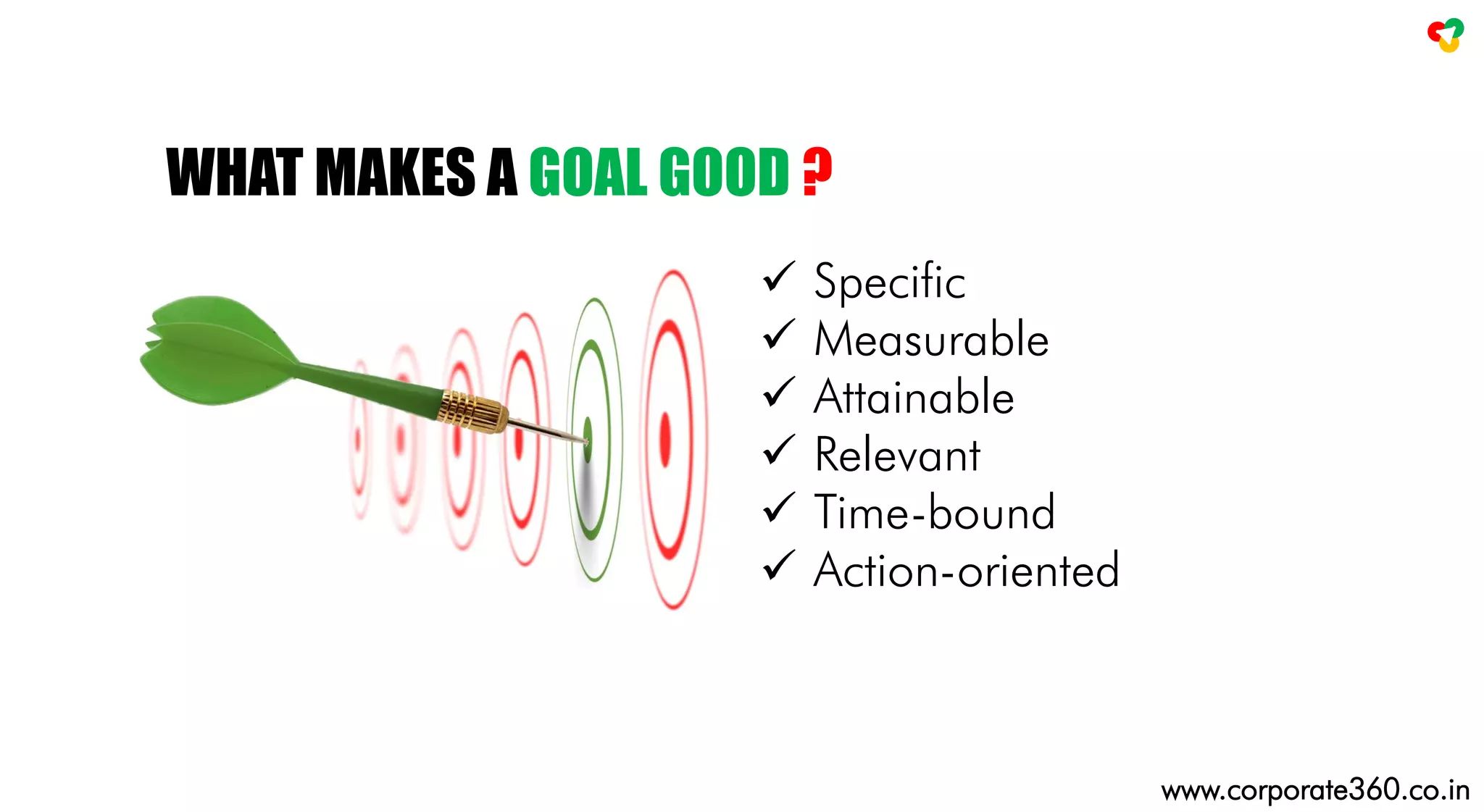  Specific
 Measurable
 Attainable
 Relevant
 Time-bound
 Action-oriented
WHAT MAKES A GOAL GOOD ?
www.corporate360.co.in
 