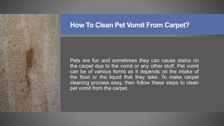How To Clean Pet Vomit From Carpet?
Pets are fun and sometimes they can cause stains on
the carpet due to the vomit or any other stuff. Pet vomit
can be of various forms as it depends on the intake of
the food or the liquid that they take. To make carpet
cleaning process easy, then follow these steps to clean
pet vomit from the carpet.
 