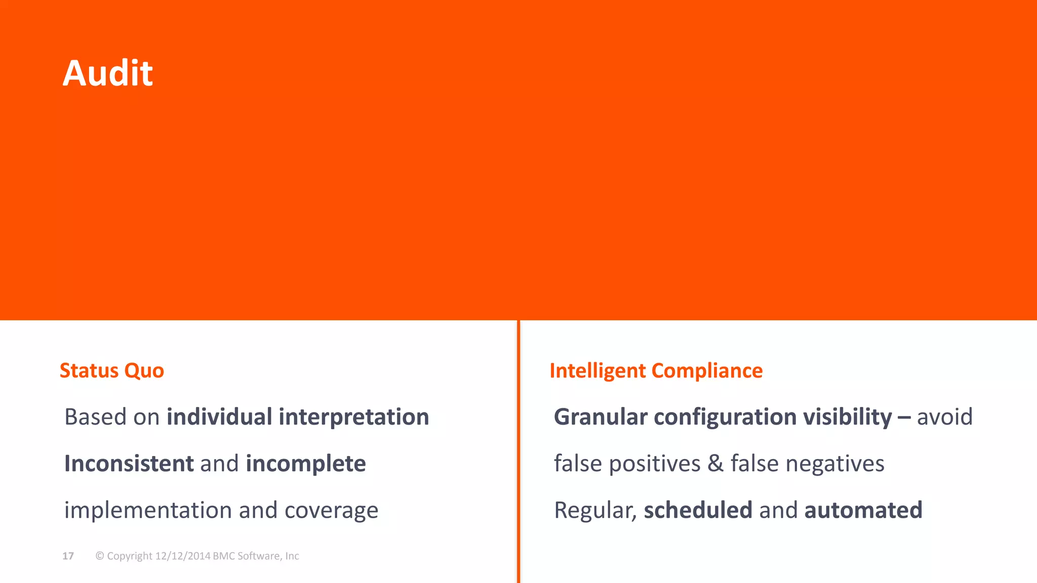 Status Quo Intelligent Compliance 
Based on individual interpretation 
Inconsistent and incomplete 
implementation and coverage 
© Copyright 17 12/12/2014 BMC Software, Inc 
Granular configuration visibility – avoid 
false positives & false negatives 
Regular, scheduled and automated 
Audit 
 