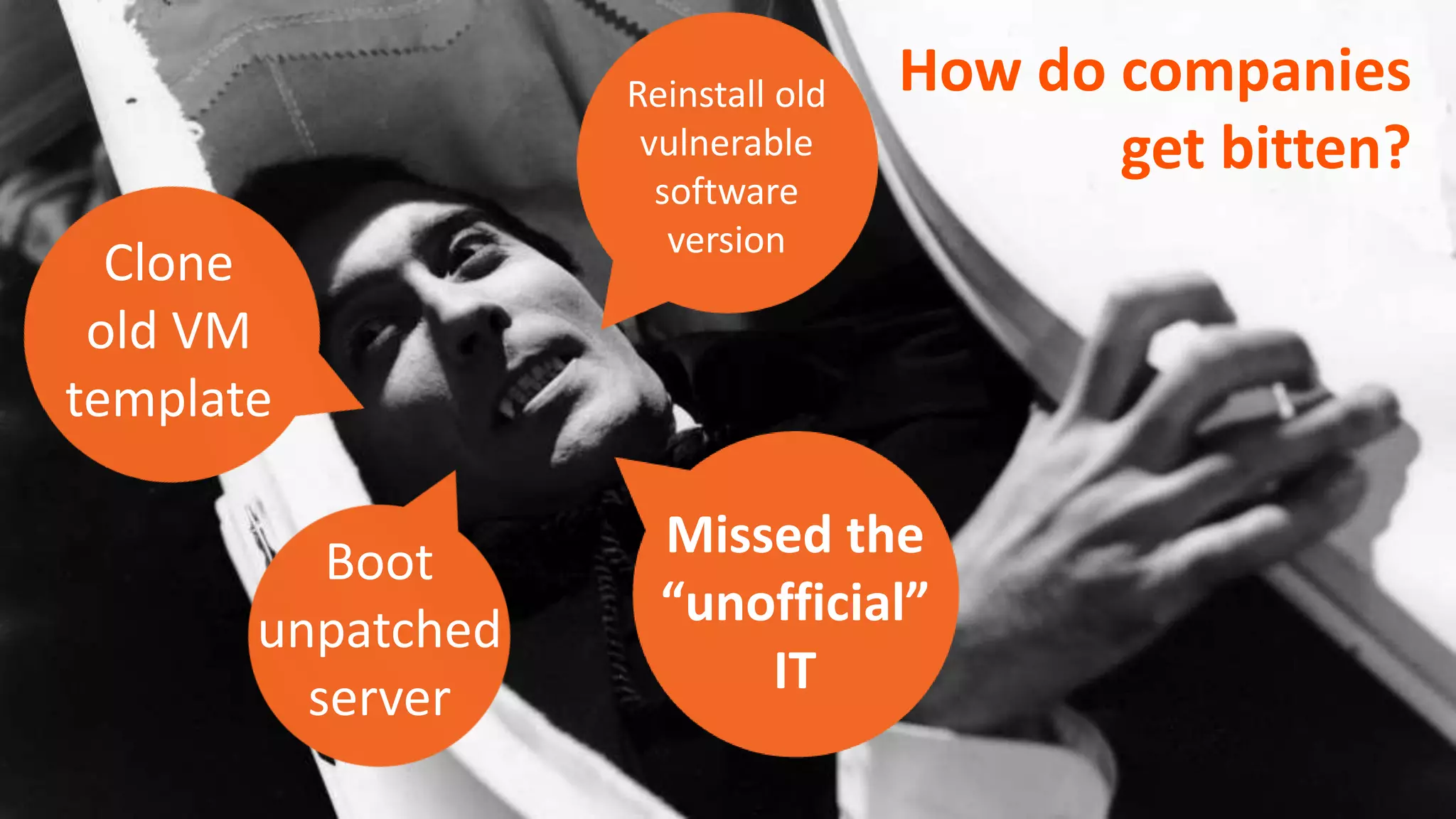 Clone 
old VM 
template 
© Copyright 8 12/12/2014 BMC Software, Inc 
Reinstall old 
vulnerable 
software 
version 
Boot 
unpatched 
server 
Missed the 
“unofficial” 
IT 
How do companies 
get bitten? 
 