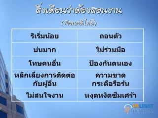 สิ่งเตือนฦ่าต้องสอนงาน
(ทศศนคติไม่ดี)
ริเริ่มน้อย ถอนตัว
บ่นมาก ไม่ร่วมมือ
โทษคนอื่น ป้ องกันตนเอง
หลีกเลี่ยงการติดต่อ
กับผู้อื่น
ความขาด
กระตือรือร้น
ไม่สนใจงาน หงุดหงิดซึมเศร้า
DELIGHT
 