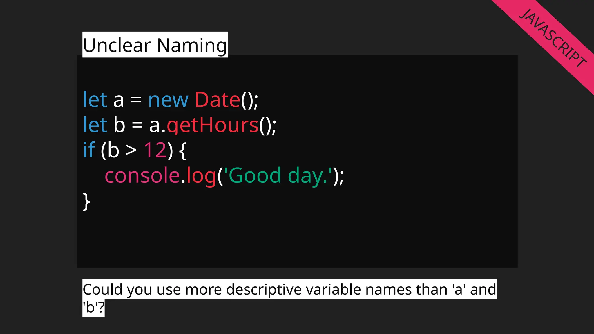 let a = new Date();
let b = a.getHours();
if (b > 12) {
console.log('Good day.');
}
Unclear Naming
Could you use more descriptive variable names than 'a' and
'b'?
JAVASCRIPT
 