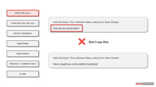 OPEN THE CALL
PURPOSE FOR THE CALL
QUESTIONS
PRODUCT / COMPANY INFO
CLOSE
SALES TAKEAWAY
PAIN POINTS
Hello [Contact], This is Michael Halper calling from Sales Scripter.
How are you doing today?
Don’t say this
Hello [Contact], This is Michael Halper calling from Sales Scripter.
Have I caught you in the middle of anything?
 