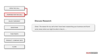 OPEN THE CALL
PURPOSE FOR THE CALL
QUESTIONS
PRODUCT / COMPANY INFO
CLOSE
SALES TAKEAWAY
PAIN POINTS
Great. The reason for my call is that I have been researching your business and found
some areas where we might be able to help to…..
Discuss Research
 