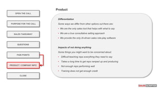Differentiation
Some ways we differ from other options out there are:
• We are the only sales tool that helps with what to say
• We are a true consultative selling approach
• We provide the only AI-driven sales role-play software
Impacts of not doing anything
Some things you might want to be concerned about:
• Difficult teaching reps everything they need to say
• Takes a long time to get reps ramped up and producing
• Not enough reps performing well
• Training does not get enough credit
OPEN THE CALL
PURPOSE FOR THE CALL
QUESTIONS
PRODUCT / COMPANY INFO
CLOSE
SALES TAKEAWAY
PAIN POINTS
Product
 