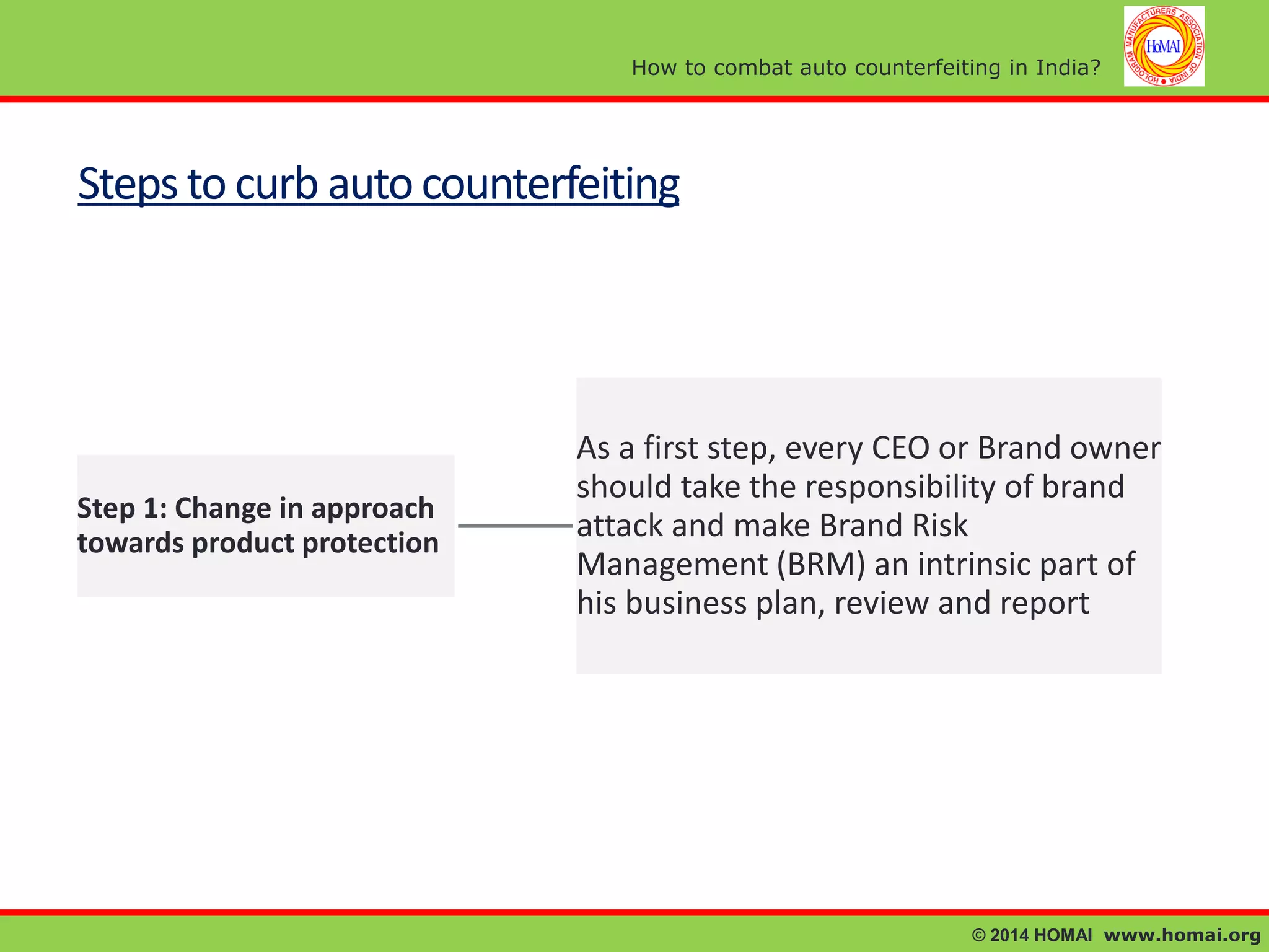 How to combat auto counterfeiting in India?

Steps to curb auto counterfeiting

Step 1: Change in approach
towards product protection

As a first step, every CEO or Brand owner
should take the responsibility of brand
attack and make Brand Risk
Management (BRM) an intrinsic part of
his business plan, review and report

© 2014 HOMAI www.homai.org

 