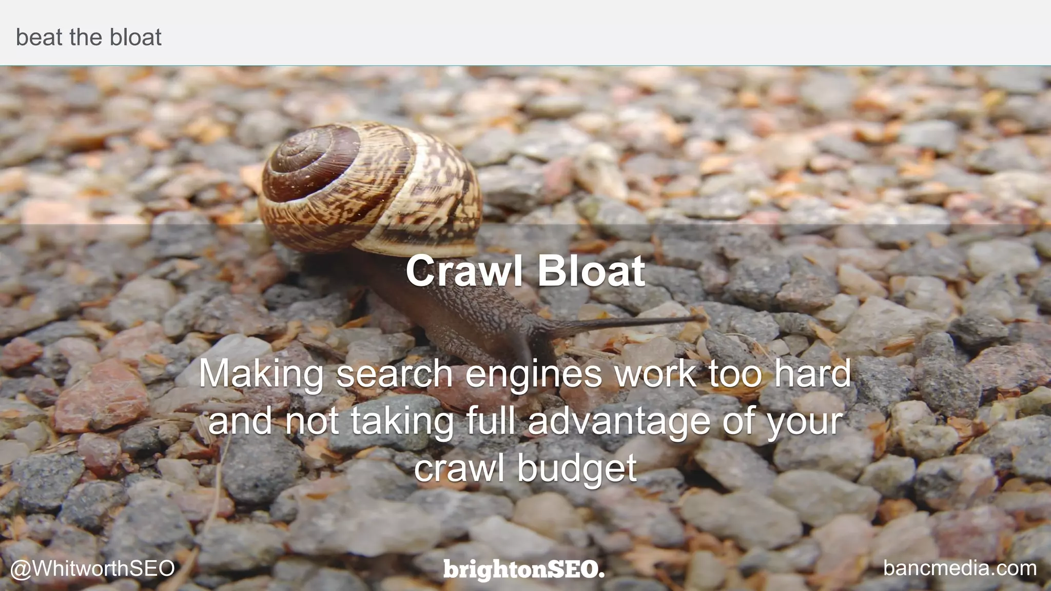 beat the bloat
Crawl Bloat
Making search engines work too hard
and not taking full advantage of your
crawl budget
@WhitworthSEO bancmedia.com
 