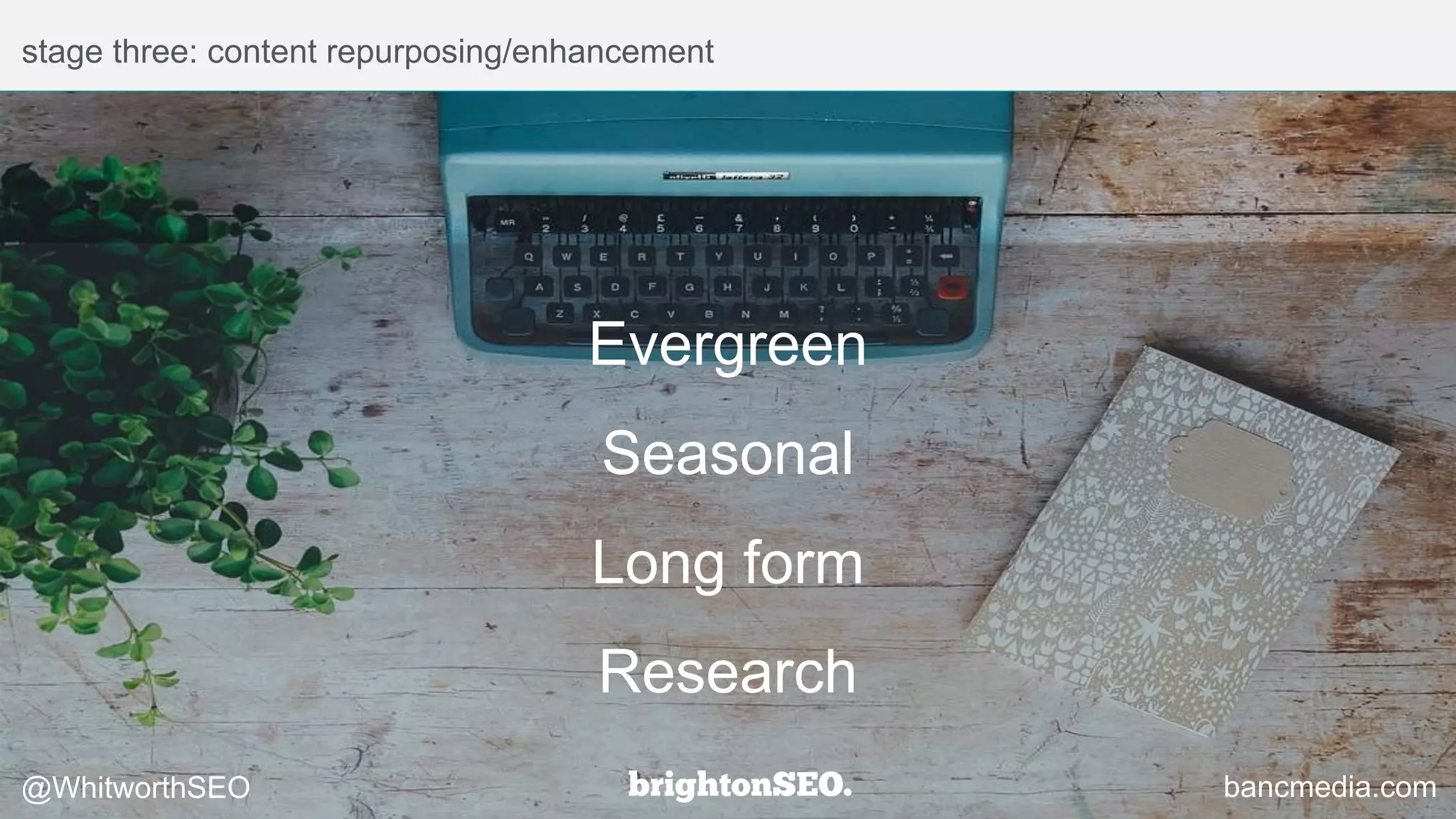 stage three: content repurposing/enhancement
@WhitworthSEO bancmedia.com
Evergreen
Seasonal
Long form
Research
 