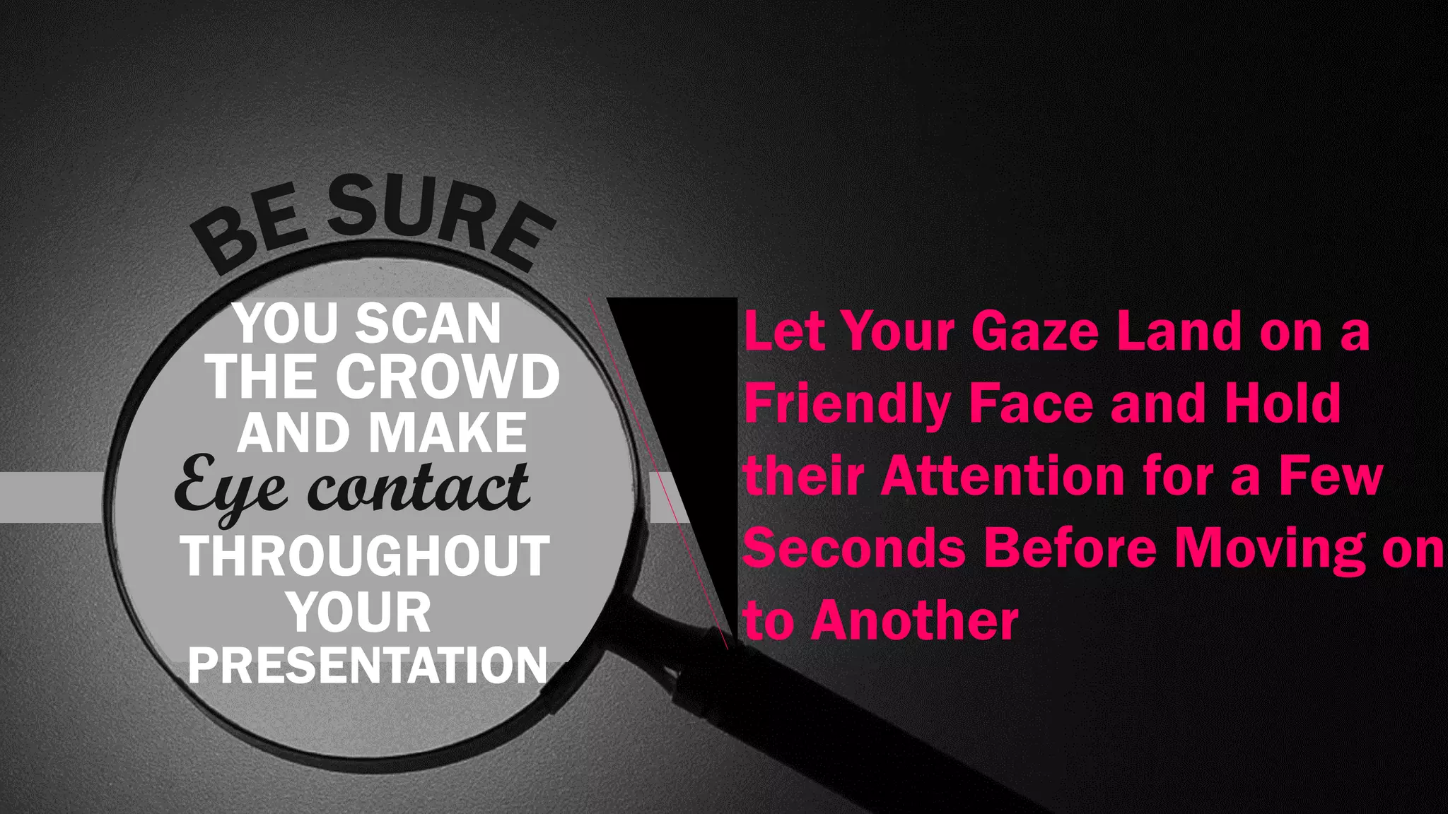 YOU SCAN
THE CROWD
AND MAKE
Eye contact
THROUGHOUT
YOUR
PRESENTATION
Let Your Gaze Land on a
Friendly Face and Hold
their Attention for a Few
Seconds Before Moving on
to Another
 