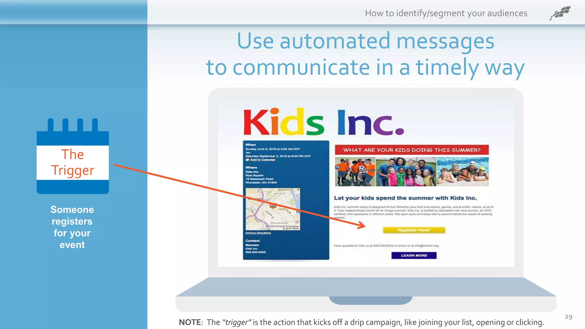 NOTE: The “trigger” is the action that kicks off a drip campaign, like joining your list, opening or clicking.
How to identify/segment your audiences
Use automated messages
to communicate in a timely way
The
Trigger
Someone
registers
for your
event
29
 