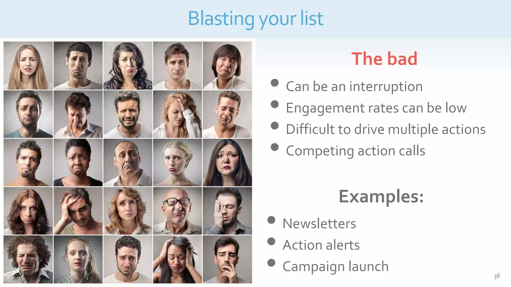 How to identify the best times to send donation emails
• Can be an interruption
• Engagement rates can be low
• Difficult to drive multiple actions
• Competing action calls
The bad
38
Blastingyourlist
Examples:
• Newsletters
• Action alerts
• Campaign launch
 