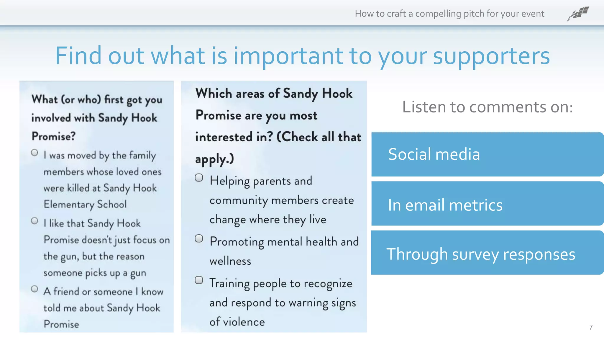 How to craft a compelling pitch for your event
Find out what is important to your supporters
7
Social media
In email metrics
Through survey responses
Listen to comments on:
 