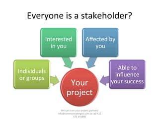 Everyone	
  is	
  a	
  stakeholder?	
  
Your	
  
project	
  
Individuals	
  
or	
  groups	
  
Interested	
  
in	
  you	
  
Aﬀected	
  by	
  
you	
  
Able	
  to	
  
inﬂuence	
  
your	
  success	
  
We	
  can	
  train	
  your	
  project	
  partners	
  	
  
info@communica/ngeu.com	
  or	
  call	
  +32	
  
473	
  391890	
  
 