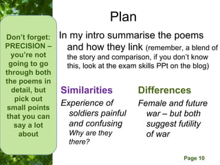 Plan
Don’t forget:   In my intro summarise the poems
PRECISION –       and how they link (remember, a blend of
  you’re not      the story and comparison, if you don’t know
 going to go      this, look at the exam skills PPt on the blog)
through both
the poems in
  detail, but   Similarities               Differences
   pick out
 small points
                Experience of              Female and future
that you can      soldiers painful           war – but both
   say a lot      and confusing              suggest futility
    about         Why are they               of war
                  there?
                       Free Powerpoint Templates
                                                       Page 10
 