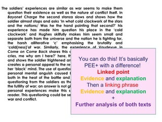 The soldiers’ experiences are similar as war seems to make them
   question their existence as well as the nature of conflict itself. In
   Bayonet Charge the second stanza slows and shows how the
   soldier almost stops and asks ‘In what cold clockwork of the stars
   and the nations/ Was he the hand pointing that second?’ his
   experience has made him question his place in the ‘cold
   clockwork’ and Hughes skilfully makes him seem small and
   separate both from the universe and the nation he is fighting for,
   the harsh alliterative ‘c’ emphasising the brutality and
   ‘cold(ness)’of war. Similarly, the experience of Vaudevue in
   Come on Come Back shares this confusion with ‘She fears and
   cries, me why am I here?’ here, the questioning is more direct
   and shows the soldier frightened and crying, the interjection ‘ah’ basically
                                               You can do this! It’s
   creates a personal appeal to the reader and shows the turmoil of
                                                   PEE+ with a difference!
   her ‘black’ mind. The use of questioning in both poems shows the
   personal mental anguish caused by the soldiers’Linked point
                                                             experiences,
   both in the heat of the battle and post Evidence and explanation
                                                 battle. Furthermore, the
   questioning from the soldiers as they experience conflict shows
   the futility of war; an answer is not given to their questions and thephrase
                                                    Then a linking
   personal experiences make this seem Evidence and explanation
                                                 more harrowing to the
   reader. This questioning could be seen as a rhetorical cry against
   war and conflict.                                               +
                                       Further analysis of both texts
 