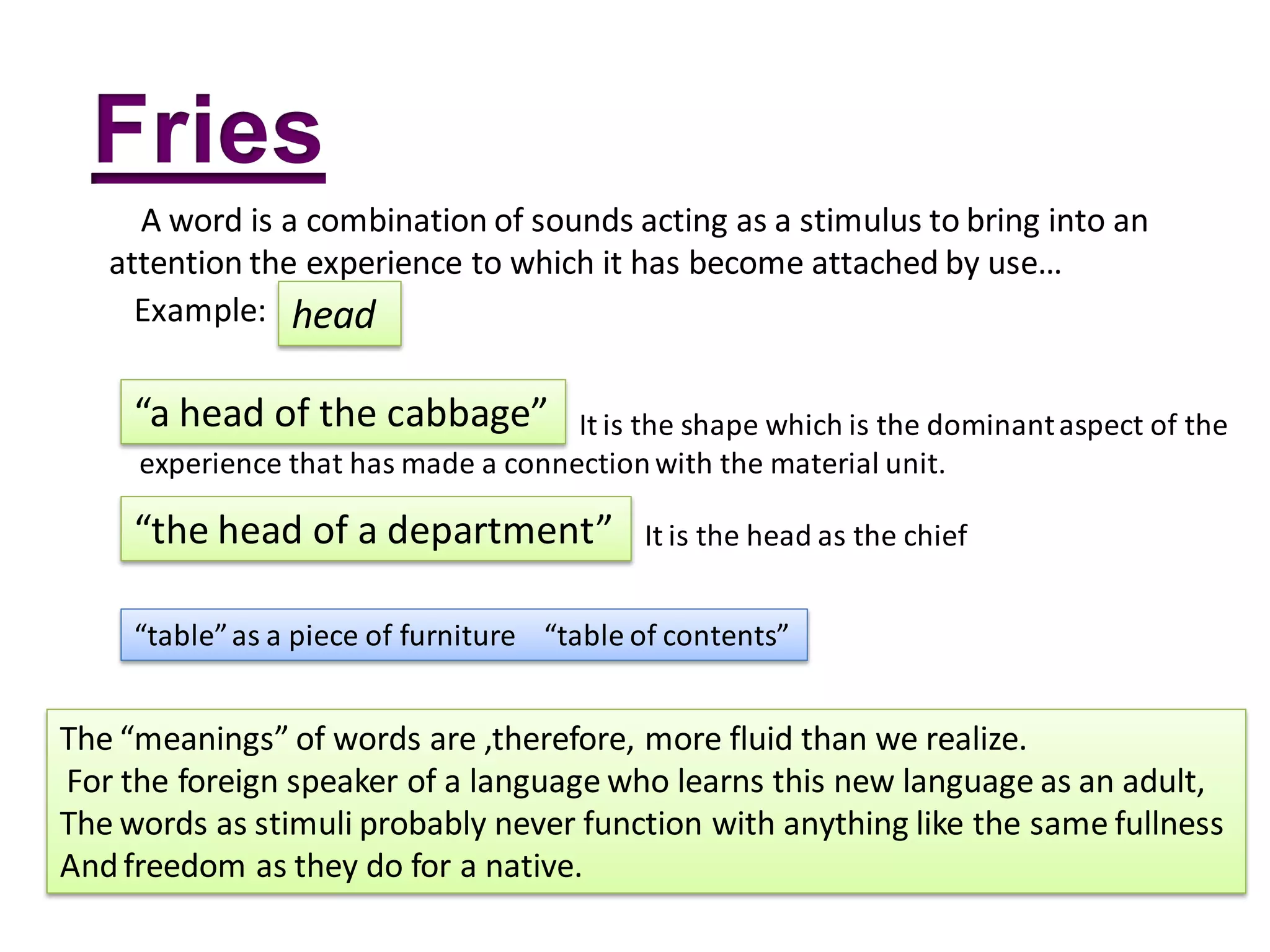 A word is a combination of sounds acting as a stimulus to bring into an
   attention the experience to which it has become attached by use…
     Example: head

     “a head of the cabbage”         It is the shape which is the dominant aspect of the
     experience that has made a connection with the material unit.

     “the head of a department”             It is the head as the chief


     “table” as a piece of furniture “table of contents”


The “meanings” of words are ,therefore, more fluid than we realize.
For the foreign speaker of a language who learns this new language as an adult,
The words as stimuli probably never function with anything like the same fullness
And freedom as they do for a native.
 