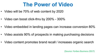 The Power of Video
• Video will be 70% of web content by 2020
• Video can boost click-thru by 200% - 300%
• Video embedded...