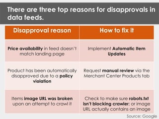 There are three top reasons for disapprovals in
data feeds.
Disapproval reason How to fix it
Price availability in feed do...