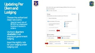 UpdatingPer
Diemand
Lodging
- Choosetheauthorized
mealrate(cont.)
- Specialmealrateof
$3.50ifatadeployed
locationifstatedin
orders
- UncheckQuarters
Available ifnot
stayingatgovernment
lodging
- Inputthenightlyrate
foryourlodgingunder
lodgingcost
 
