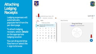 Attaching
Lodging
Receipts
- Lodgingexpenseswill
automatically
populateherefromthe
perdiempage
- Toattachlodging
receipts,selectDetails
ontheappropriate
lodginglocation
- Youcandraganddrop
fileshereorselectthe
+ signtobrowse
 
