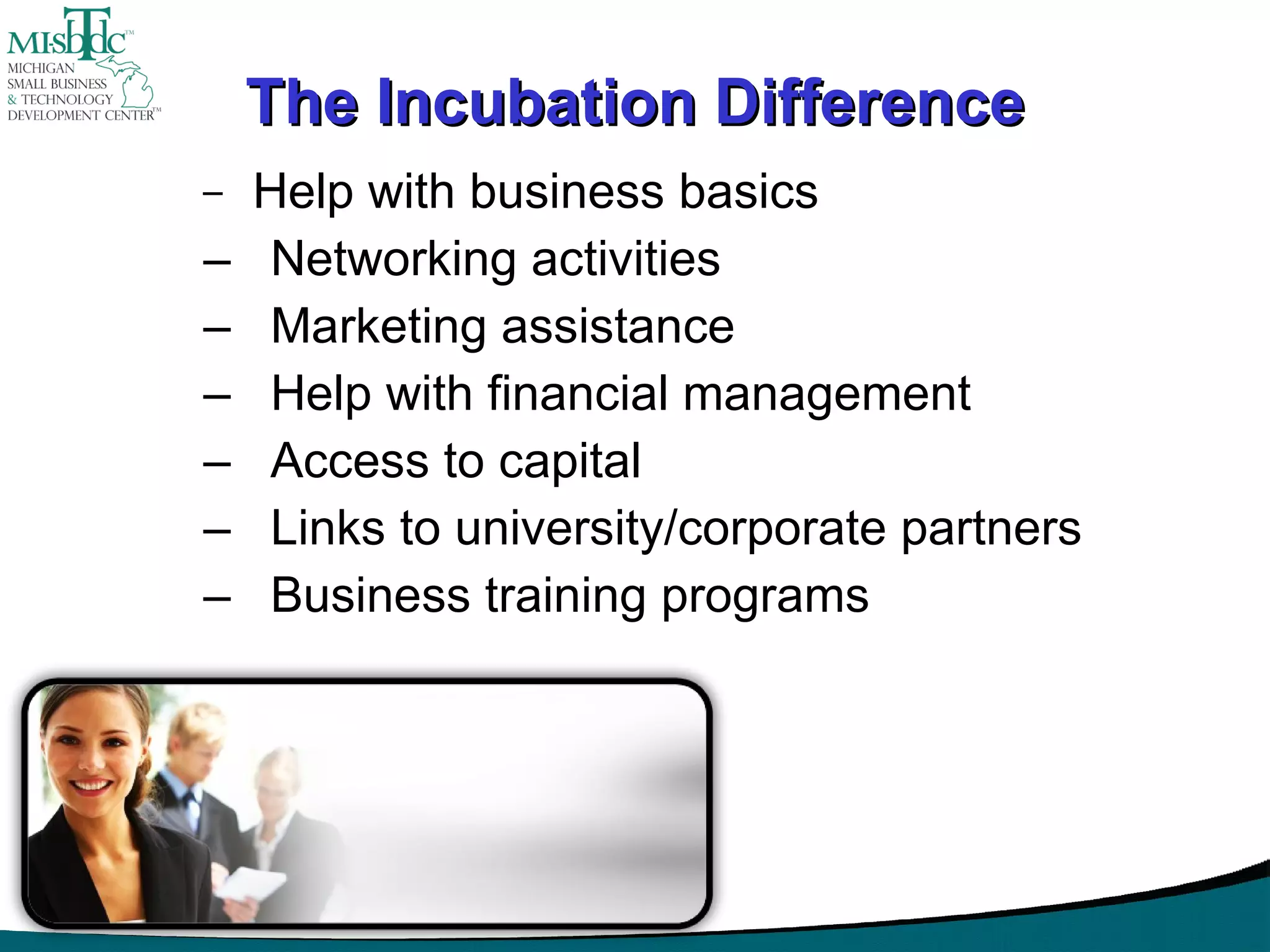 The Incubation Difference Help with business basics Networking activities Marketing assistance Help with financial management Access to capital Links to university/corporate partners Business training programs 