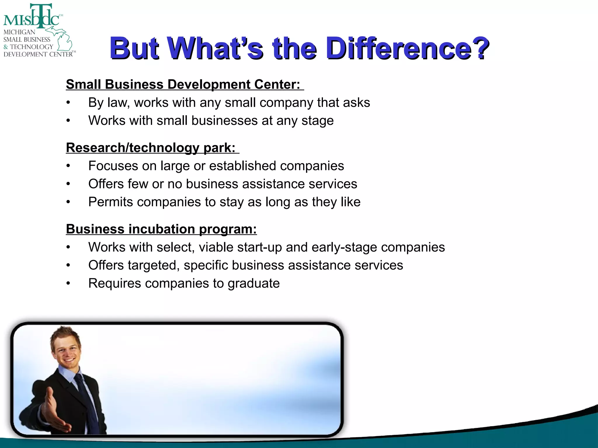 But What’s the Difference? Small Business Development Center:  By law, works with any small company that asks Works with small businesses at any stage Research/technology park:  Focuses on large or established companies Offers few or no business assistance services Permits companies to stay as long as they like Business incubation program: Works with select, viable start-up and early-stage companies Offers targeted, specific business assistance services Requires companies to graduate 