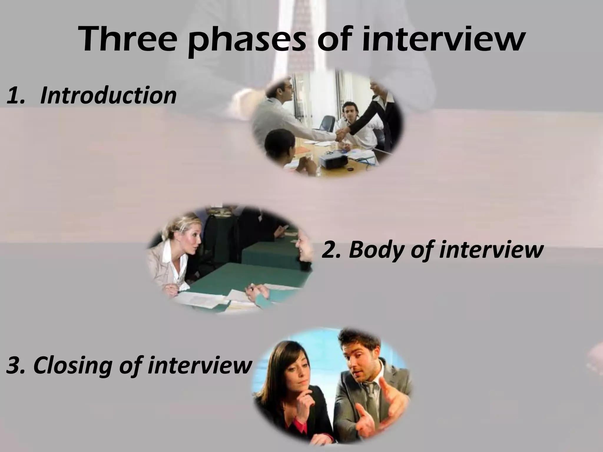 Three phases of interview
1. Introduction

2. Body of interview

3. Closing of interview

 