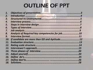OUTLINE OF PPT
1.
2.
3.
4.
5.
6.
7.
8.
9.
10.
11.
12.
13.
14.
15.
16.
17.
18.

Objectives of presentation………………………………………………………3
Introduction …………………………………………………………………………..4
Structured Vs Unstructured…………………………………………………….5
Interview process………………………………………………..………………...6
Steps in interview design………………………..……………………………..7
Types of interview……………………………………………………………….…8
Job analysis…………………………………………………………………………..9
Analysis of Required key competencies for job……………………..10
Interview format………………………………………………………………....11
If candidate are more then GD and Aptitude…………................12
Evaluation structure……………………….…………………………………….13
Rating scale structure…………………………………………………………..14
Interviewer’s approach………………………………………………………..15
Three phases of interview..……………………………….………..........20
Adjust yourself………………………………………………….………...........24
Define do’s…………………………………………………….…………...........25
Define don’ts………………………………. ………………….………………….26
Solutions……...…………………………......…………….........................28

 