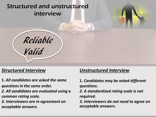 Structured and unstructured
interview

Reliable
Valid
Structured Interview

Unstructured Interview

1 All candidates are asked the same
questions in the same order.
2. All candidates are evaluated using a
common rating scale.
3. Interviewers are in agreement on
acceptable answers.

1. Candidates may be asked different
questions.
2. A standardized rating scale is not
required.
3. Interviewers do not need to agree on
acceptable answers

 