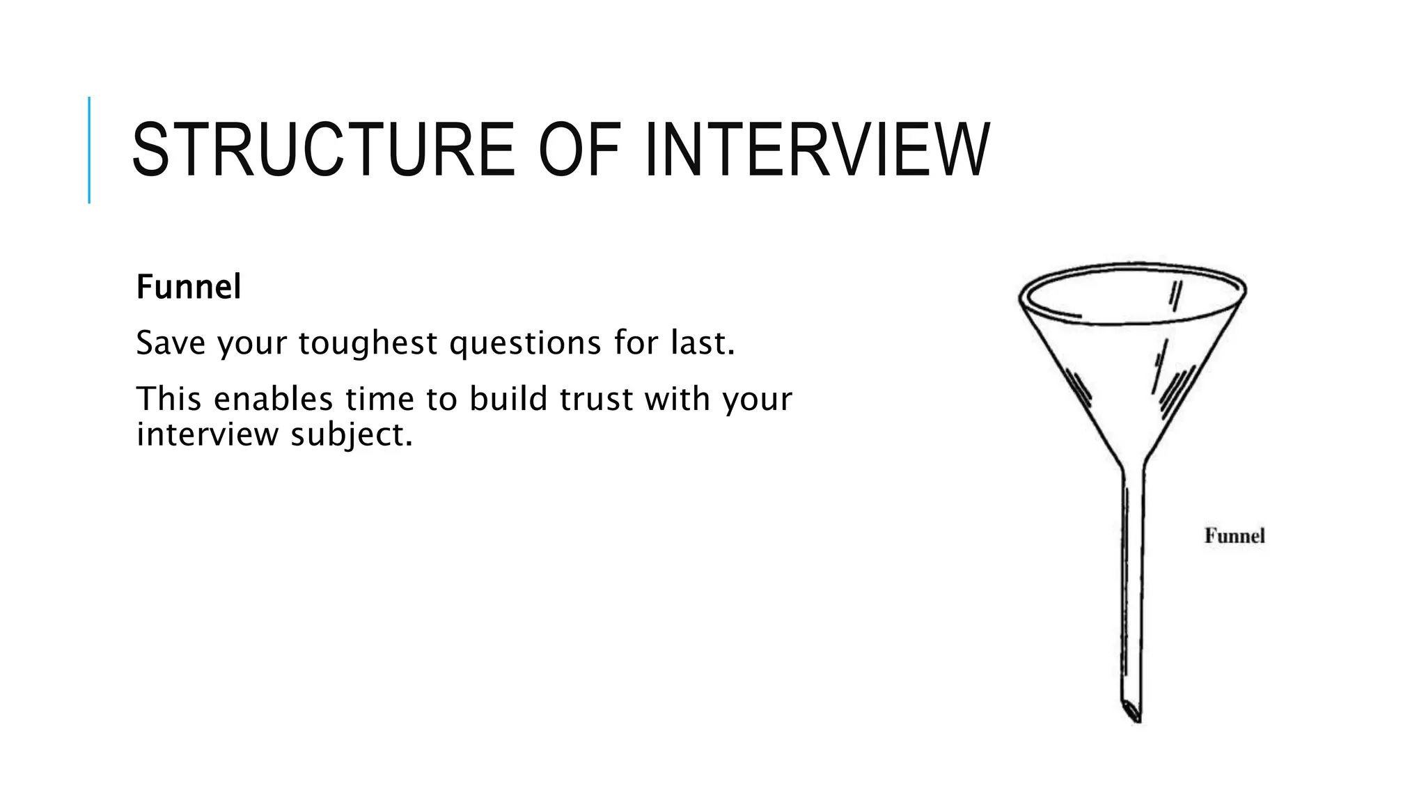 STRUCTURE OF INTERVIEW
Funnel
Save your toughest questions for last.
This enables time to build trust with your
interview subject.
 