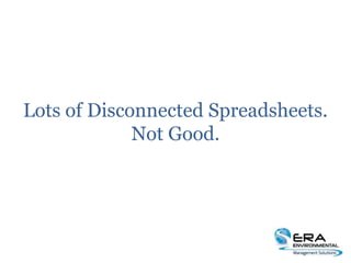 Lots of Disconnected Spreadsheets.
Not Good.
 