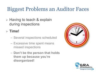 Biggest Problems an Auditor Faces
 Having to teach & explain
during inspections
 Time!
– Several inspections scheduled
– Excessive time spent means
missed inspections
– Don’t be the person that holds
them up because you’re
disorganized!
 