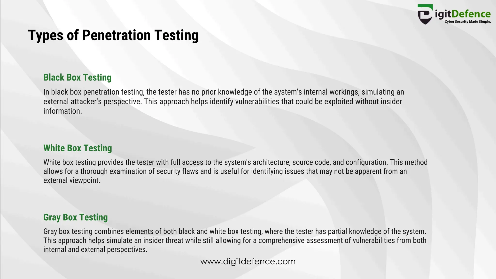 Types of Penetration Testing
Black Box Testing
White Box Testing
Gray Box Testing
In black box penetration testing, the tester has no prior knowledge of the system's internal workings, simulating an
external attacker's perspective. This approach helps identify vulnerabilities that could be exploited without insider
information.
White box testing provides the tester with full access to the system's architecture, source code, and configuration. This method
allows for a thorough examination of security flaws and is useful for identifying issues that may not be apparent from an
external viewpoint.
Gray box testing combines elements of both black and white box testing, where the tester has partial knowledge of the system.
This approach helps simulate an insider threat while still allowing for a comprehensive assessment of vulnerabilities from both
internal and external perspectives.
www.digitdefence.com
 