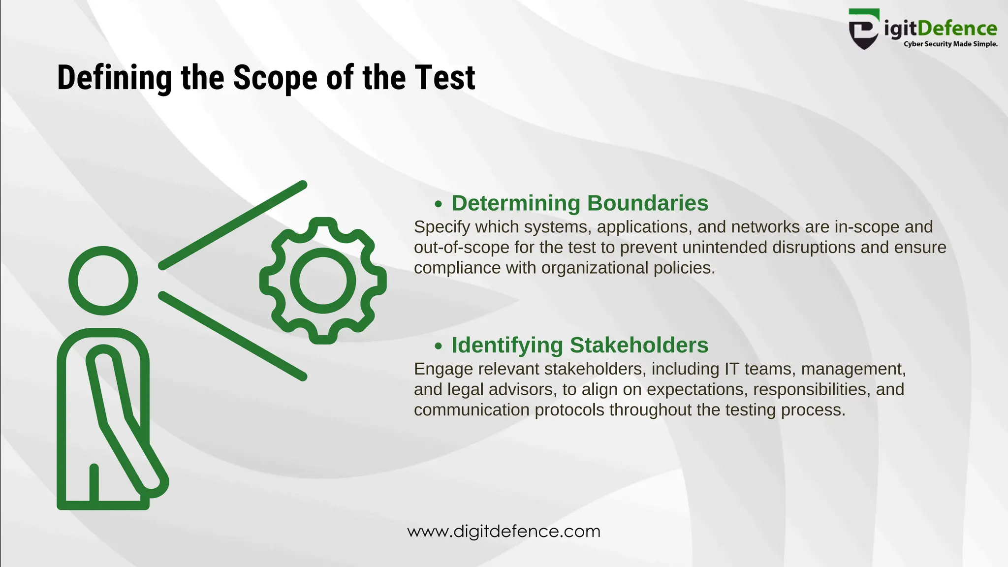 Defining the Scope of the Test
Determining Boundaries
Identifying Stakeholders
Specify which systems, applications, and networks are in-scope and
out-of-scope for the test to prevent unintended disruptions and ensure
compliance with organizational policies.
Engage relevant stakeholders, including IT teams, management,
and legal advisors, to align on expectations, responsibilities, and
communication protocols throughout the testing process.
www.digitdefence.com
 