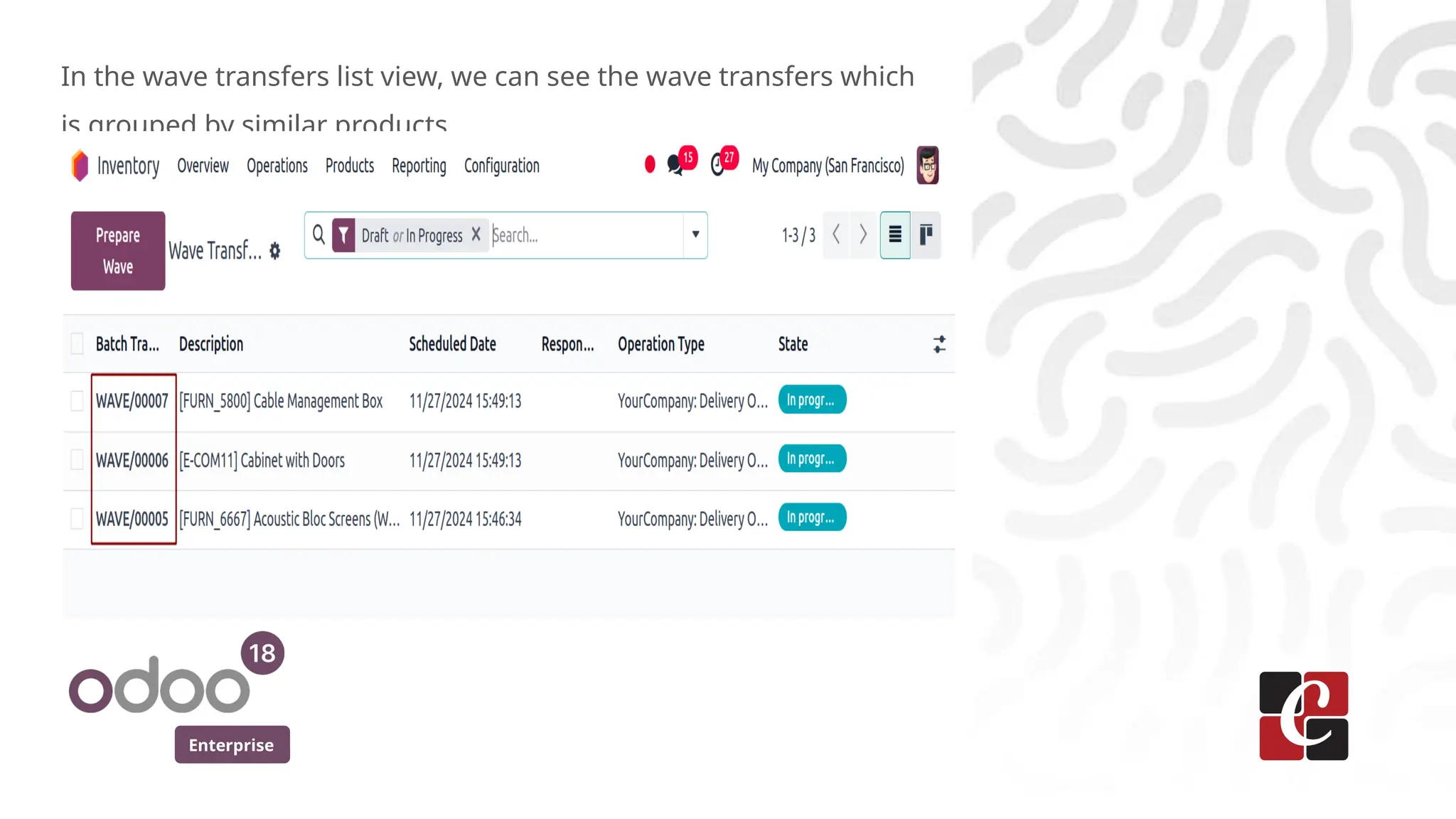Enterprise
In the wave transfers list view, we can see the wave transfers which
is grouped by similar products.
 