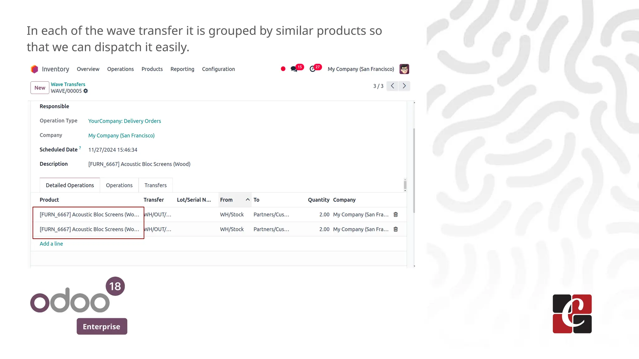 Enterprise
In each of the wave transfer it is grouped by similar products so
that we can dispatch it easily.
 