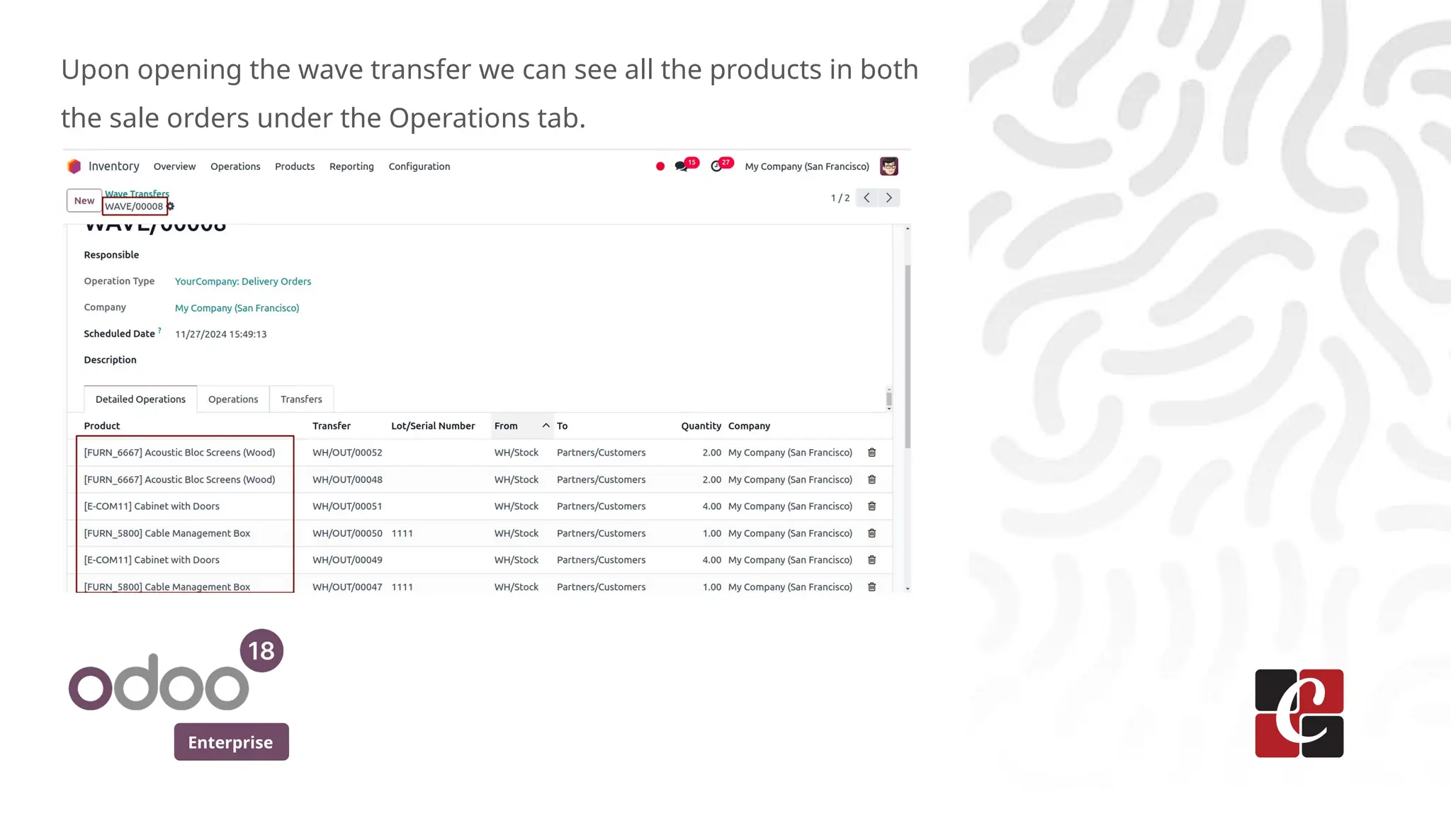 Enterprise
Upon opening the wave transfer we can see all the products in both
the sale orders under the Operations tab.
 