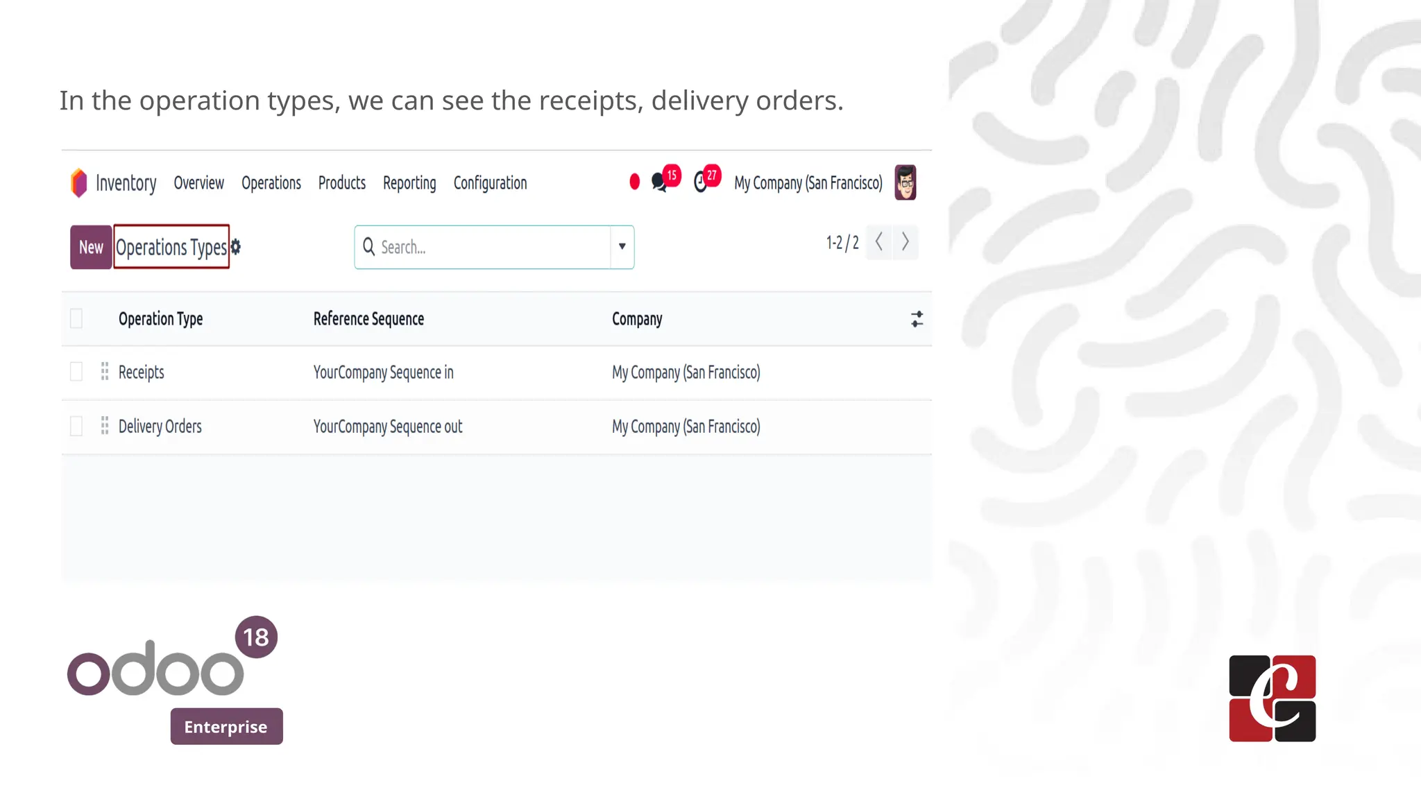 Enterprise
In the operation types, we can see the receipts, delivery orders.
 