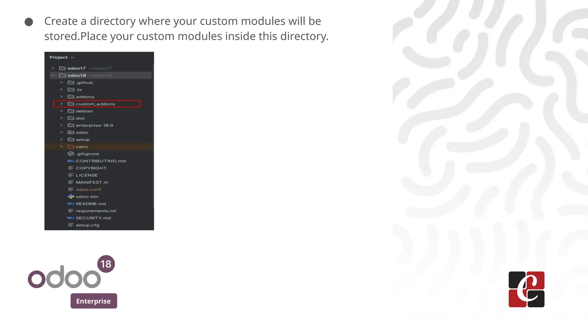 Enterprise
● Create a directory where your custom modules will be
stored.Place your custom modules inside this directory.