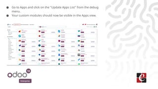Enterprise
● Go to Apps and click on the "Update Apps List" from the debug
menu.
● Your custom modules should now be visible in the Apps view.
 