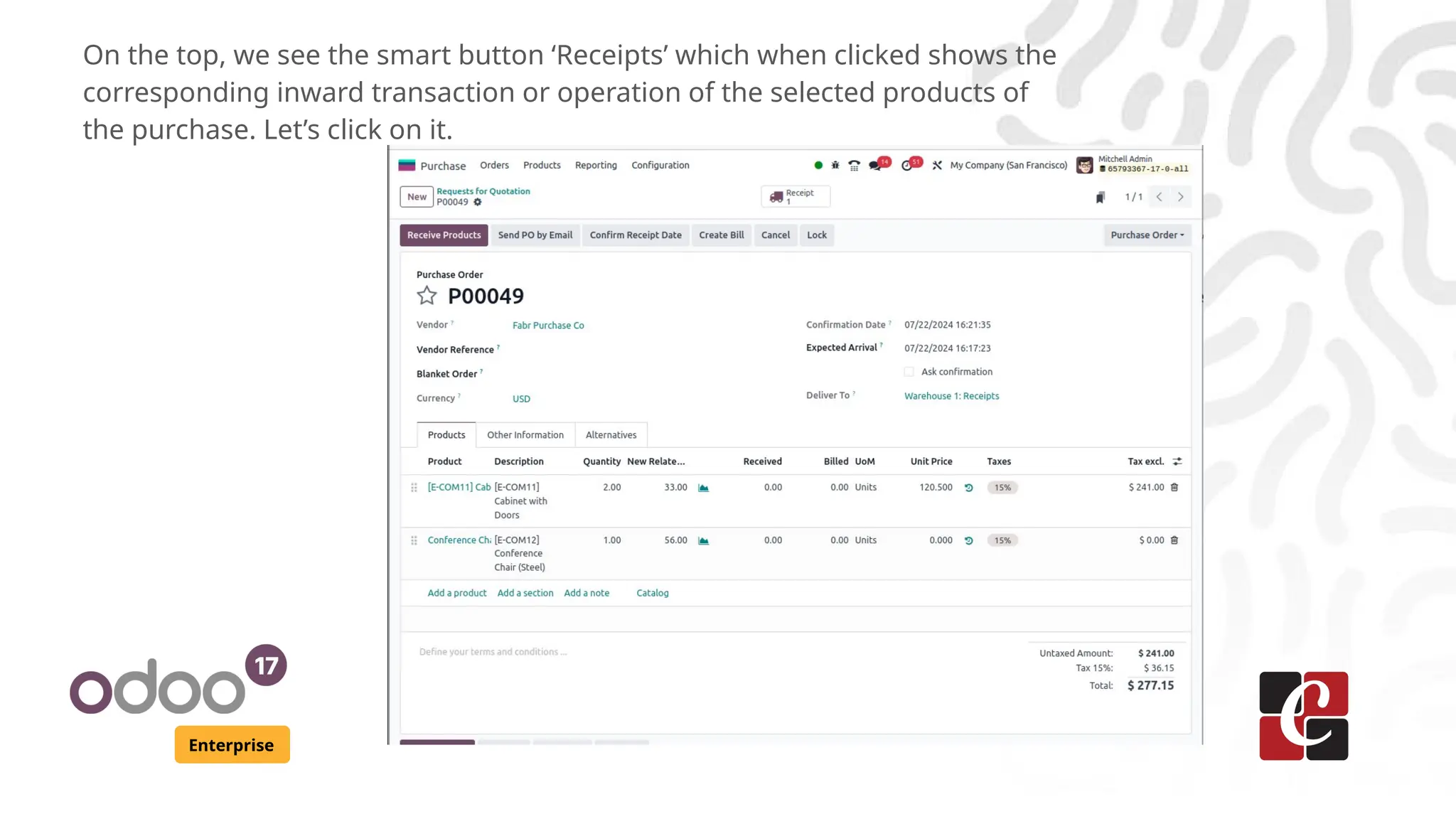 Enterprise
On the top, we see the smart button ‘Receipts’ which when clicked shows the
corresponding inward transaction or operation of the selected products of
the purchase. Let’s click on it.
 
