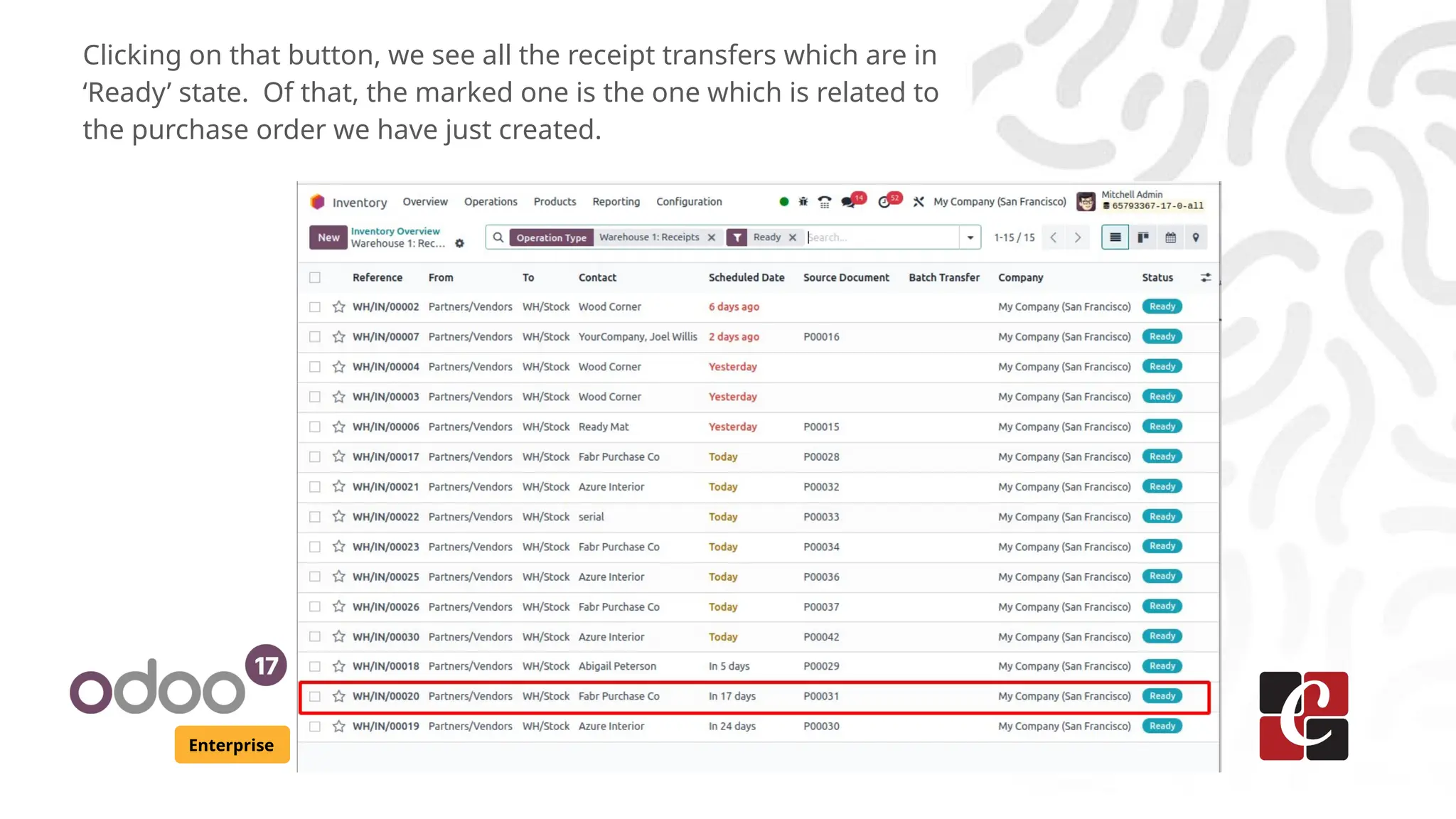 Enterprise
Clicking on that button, we see all the receipt transfers which are in
‘Ready’ state. Of that, the marked one is the one which is related to
the purchase order we have just created.
 