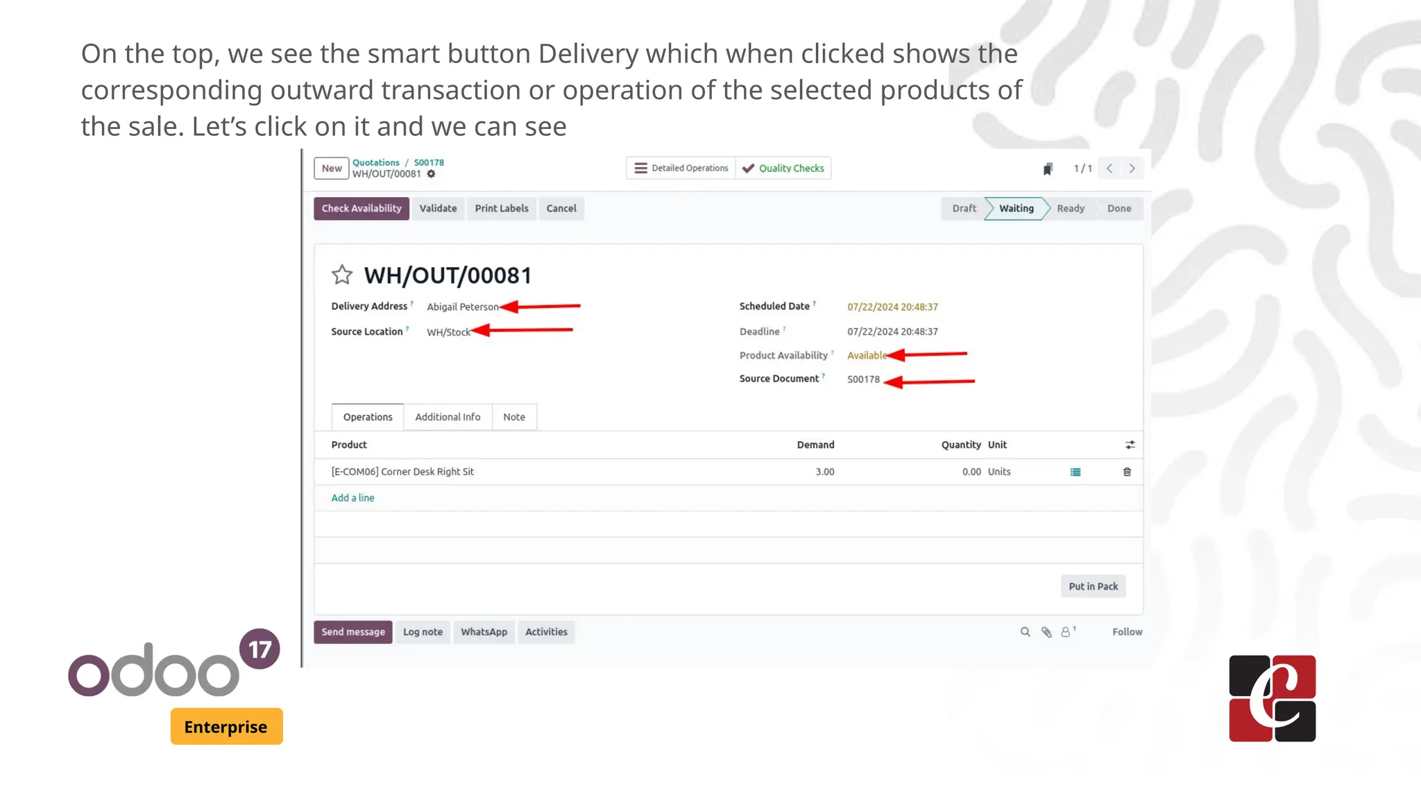 Enterprise
On the top, we see the smart button Delivery which when clicked shows the
corresponding outward transaction or operation of the selected products of
the sale. Let’s click on it and we can see
 