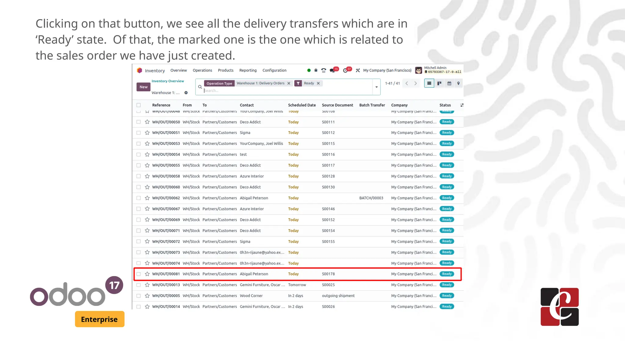 Enterprise
Clicking on that button, we see all the delivery transfers which are in
‘Ready’ state. Of that, the marked one is the one which is related to
the sales order we have just created.
 