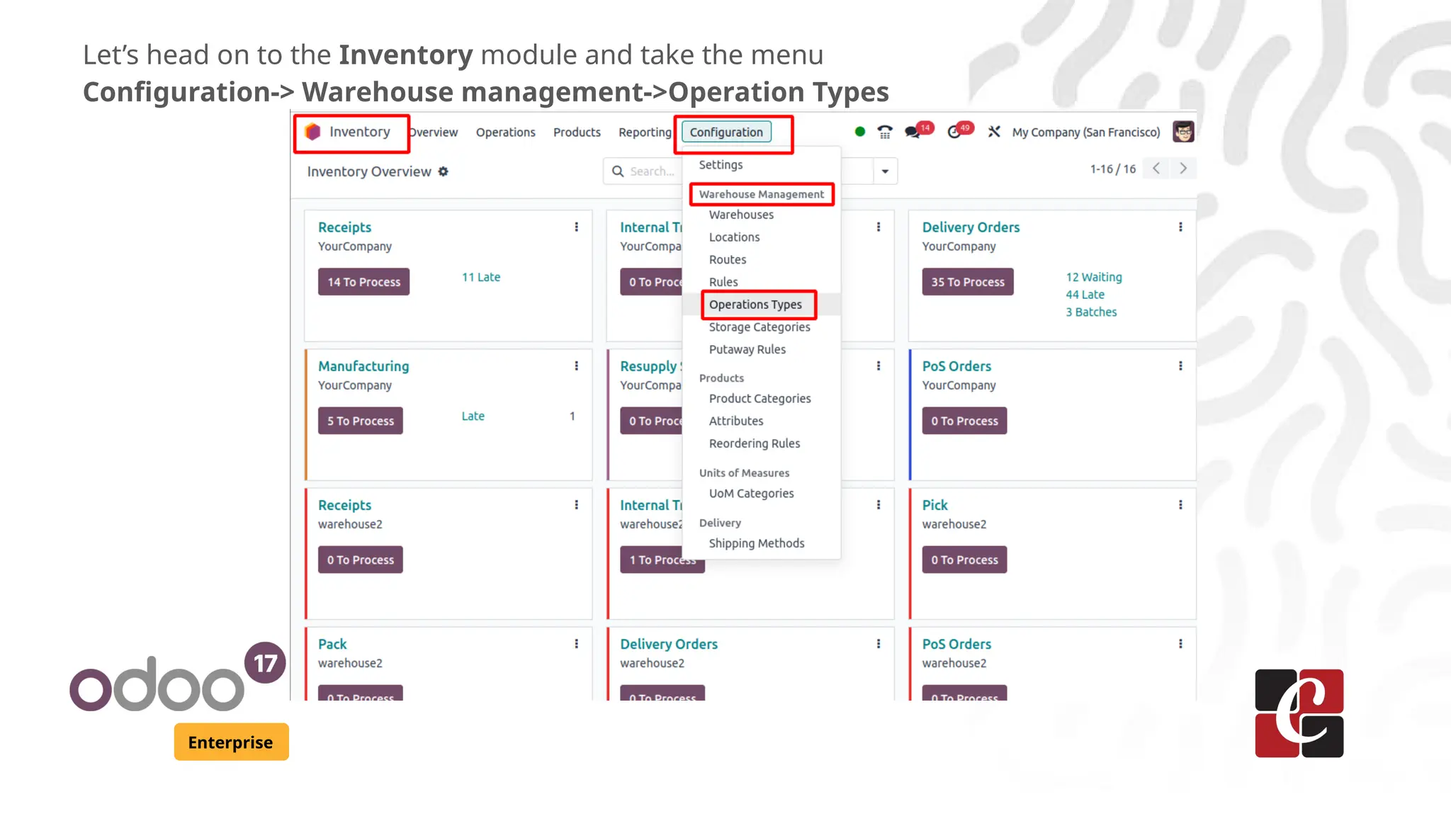 Enterprise
Let’s head on to the Inventory module and take the menu
Configuration-> Warehouse management->Operation Types
 