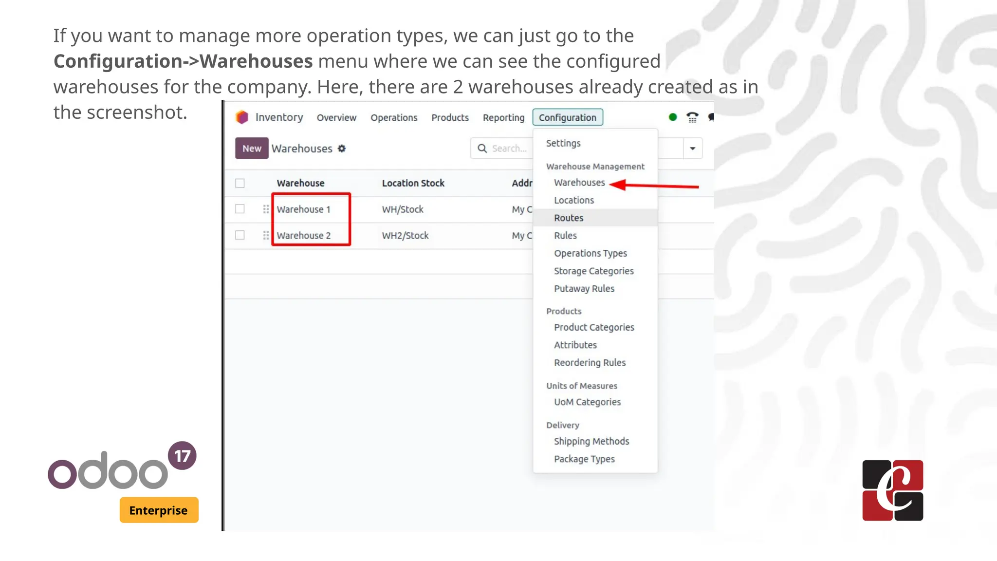 Enterprise
If you want to manage more operation types, we can just go to the
Configuration->Warehouses menu where we can see the configured
warehouses for the company. Here, there are 2 warehouses already created as in
the screenshot.
 