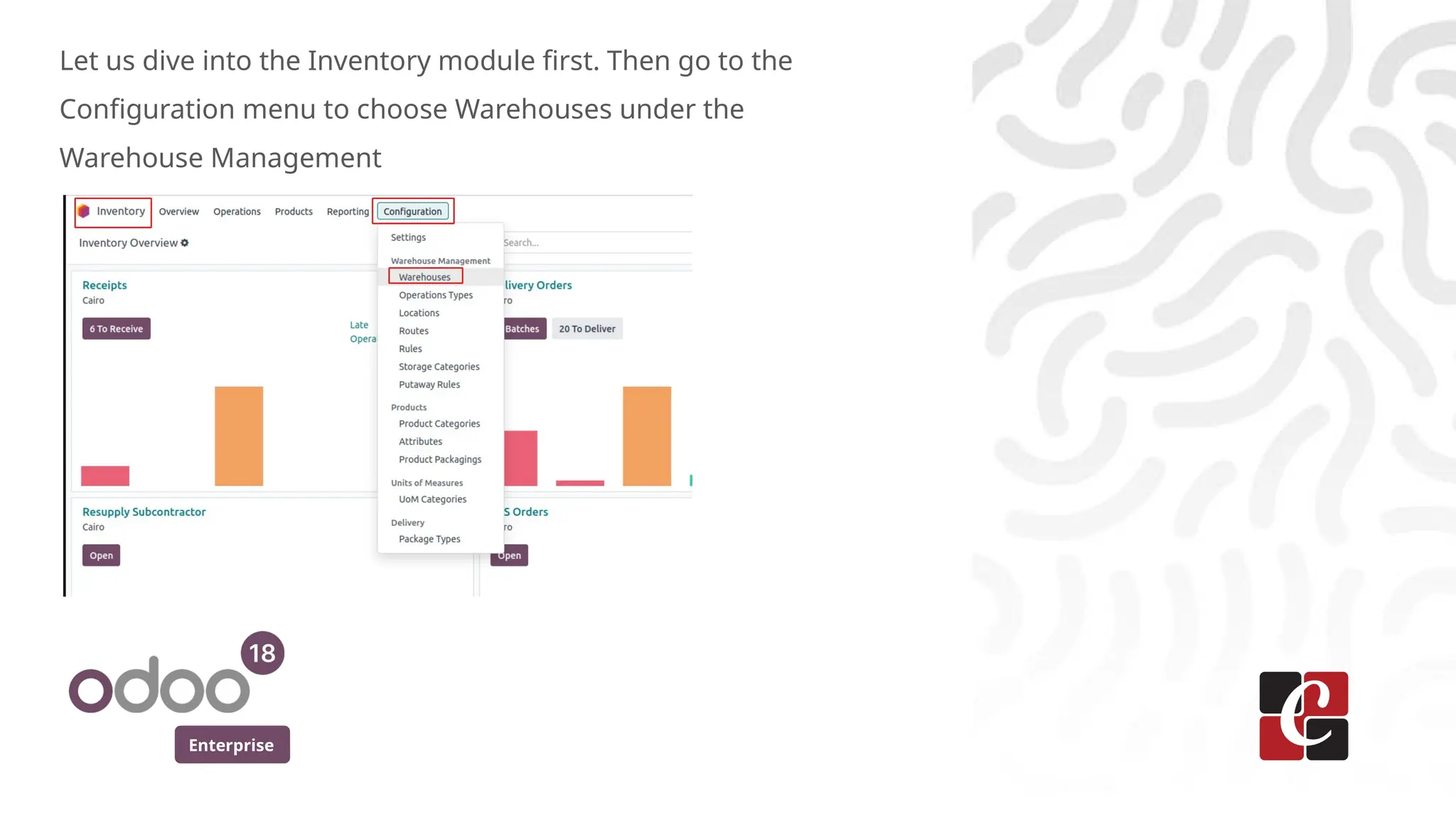 Enterprise
Let us dive into the Inventory module first. Then go to the
Configuration menu to choose Warehouses under the
Warehouse Management
 
